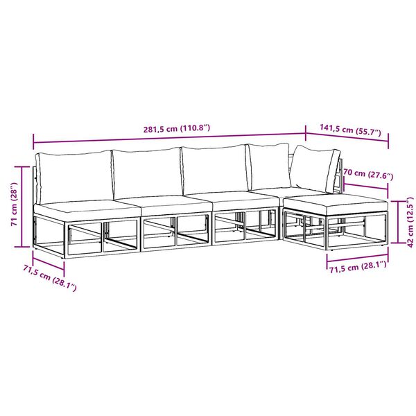 vidaXL Σετ Καναπέ Κήπου 5 pcs Μαύρο 281.5 x 141.5 x 71 εκ. Αλουμίνιο
