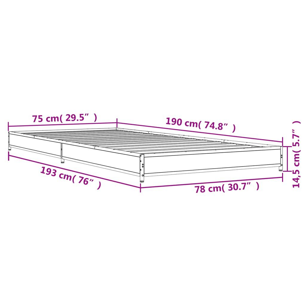 vidaXL Πλαίσιο Κρεβατιού Μαύρο 75x190 εκ. Επεξεργασμένο Ξύλο & Μέταλλο