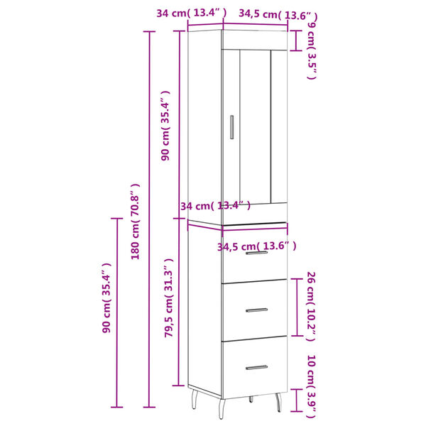 vidaXL Ντουλάπι Λευκό 34,5 x 34 x 180 εκ. από Επεξεργασμένο Ξύλο
