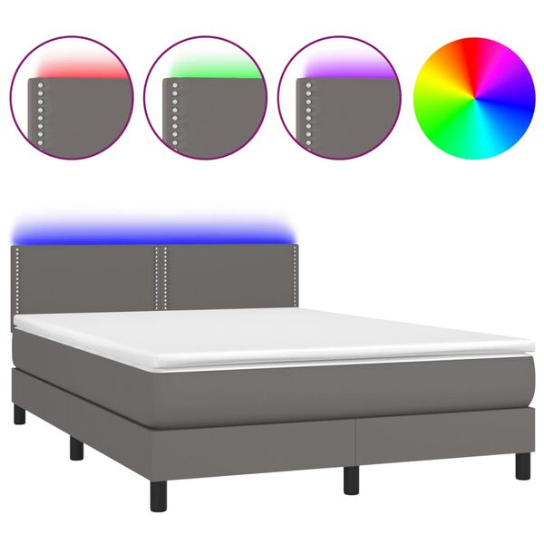 vidaXL Κρεβάτι Boxspring με Στρώμα & LED Γκρι 140x200 εκ. Συνθ. Δέρμα
