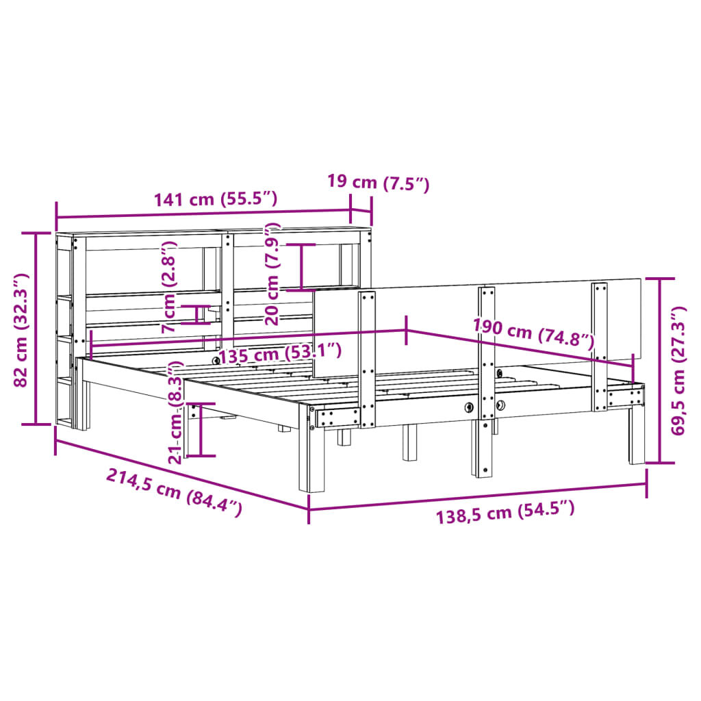 vidaXL Πλαίσιο Κρεβατιού με Κεφαλάρι Λευκό 135x190 εκ. Μασίφ Πεύκου