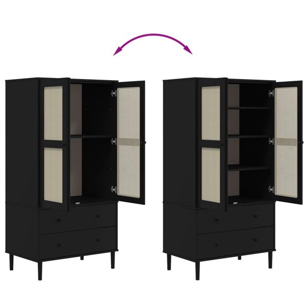 vidaXL Ντουλάπα SENJA Μαύρο / Ρατάν 90 x 55 x 175εκ. Μασίφ Ξύλο Πεύκου