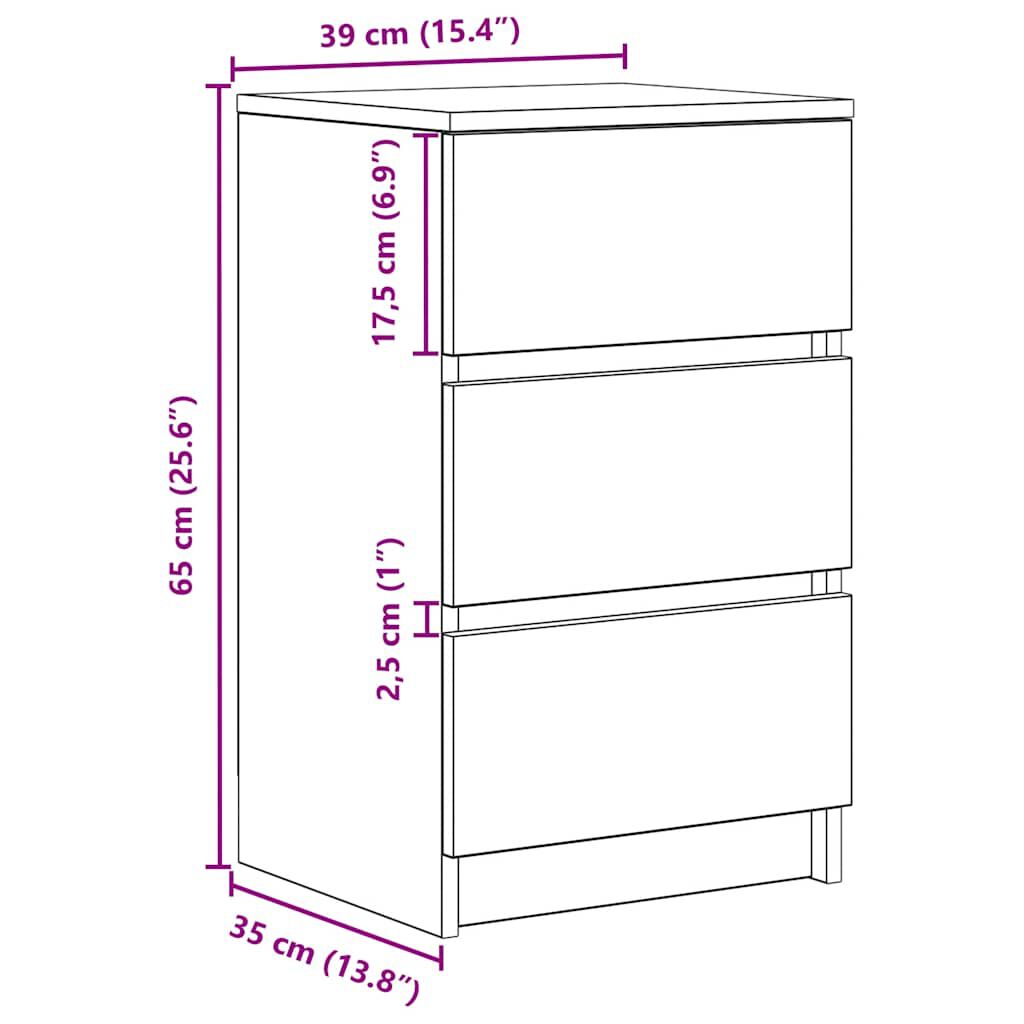 vidaXL Κομοδίνο με 3 συρτάρια Λευκό 39x35x65 εκ.