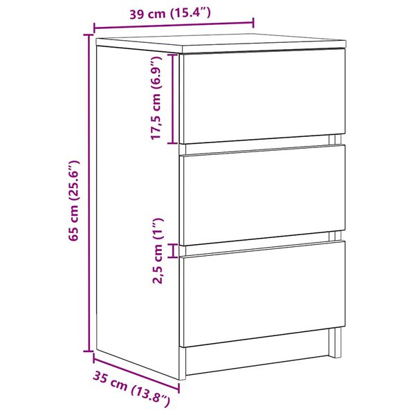vidaXL Κομοδίνο με 3 συρτάρια Λευκό 39x35x65 εκ.