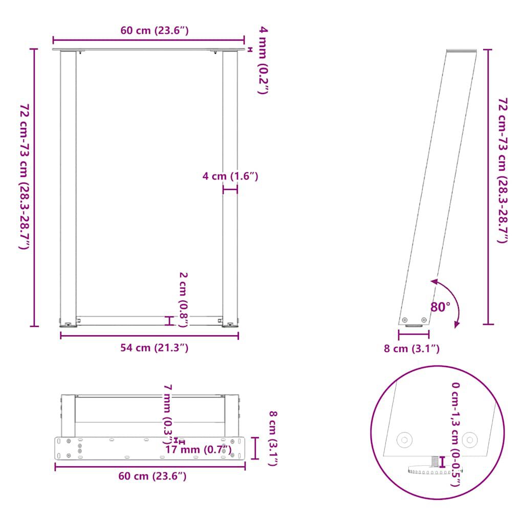 vidaXL Πόδια Τραπεζαρίας σε Σχήμα U 2 τεμ. Μαύρο 60x(72-73) εκ. Ατσάλι