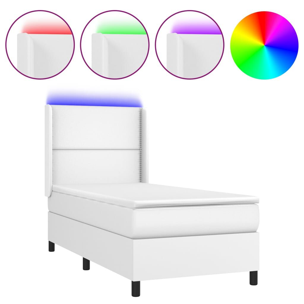 vidaXL Κρεβάτι Boxspring με Στρώμα & LED Λευκό 90x190 εκ. Συνθ. Δέρμα