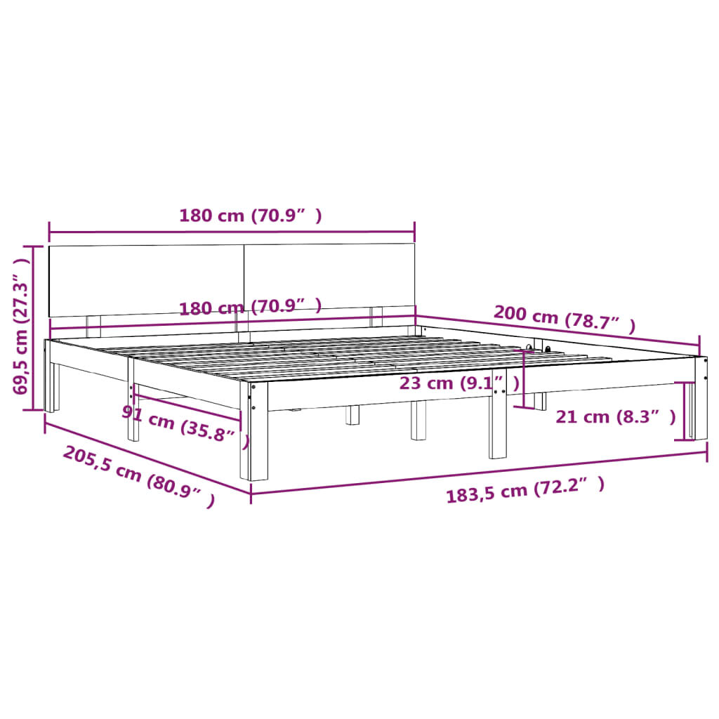 vidaXL Πλαίσιο Κρεβατιού Λευκό 180 x 200 εκ. Μασίφ Ξύλο Super King