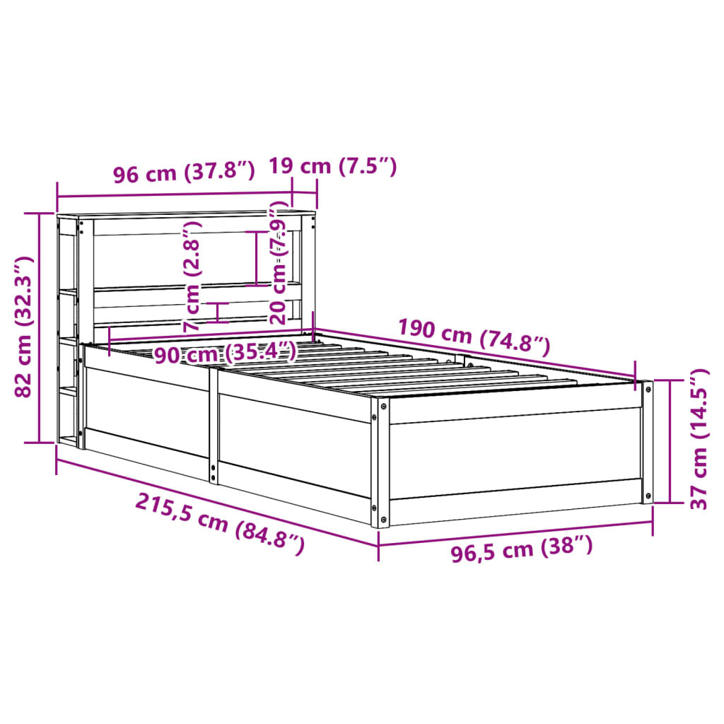 vidaXL Πλαίσιο Κρεβατιού με Κεφαλάρι 90 x 190εκ. από Μασίφ Ξύλο Πεύκου
