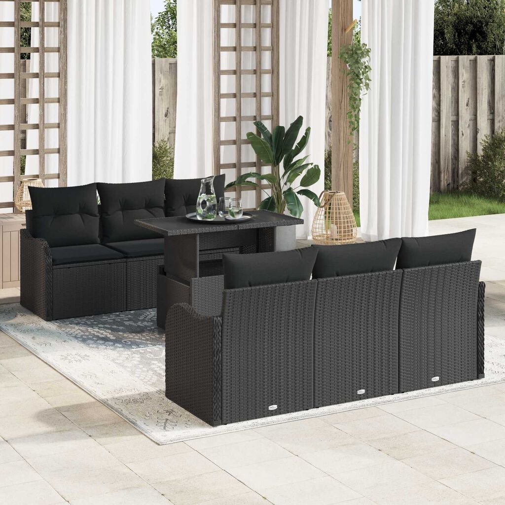 vidaXL Σετ Καναπέ Κήπου με μαξιλάρι 7 pcs Μαύρο Πολυ ράταν