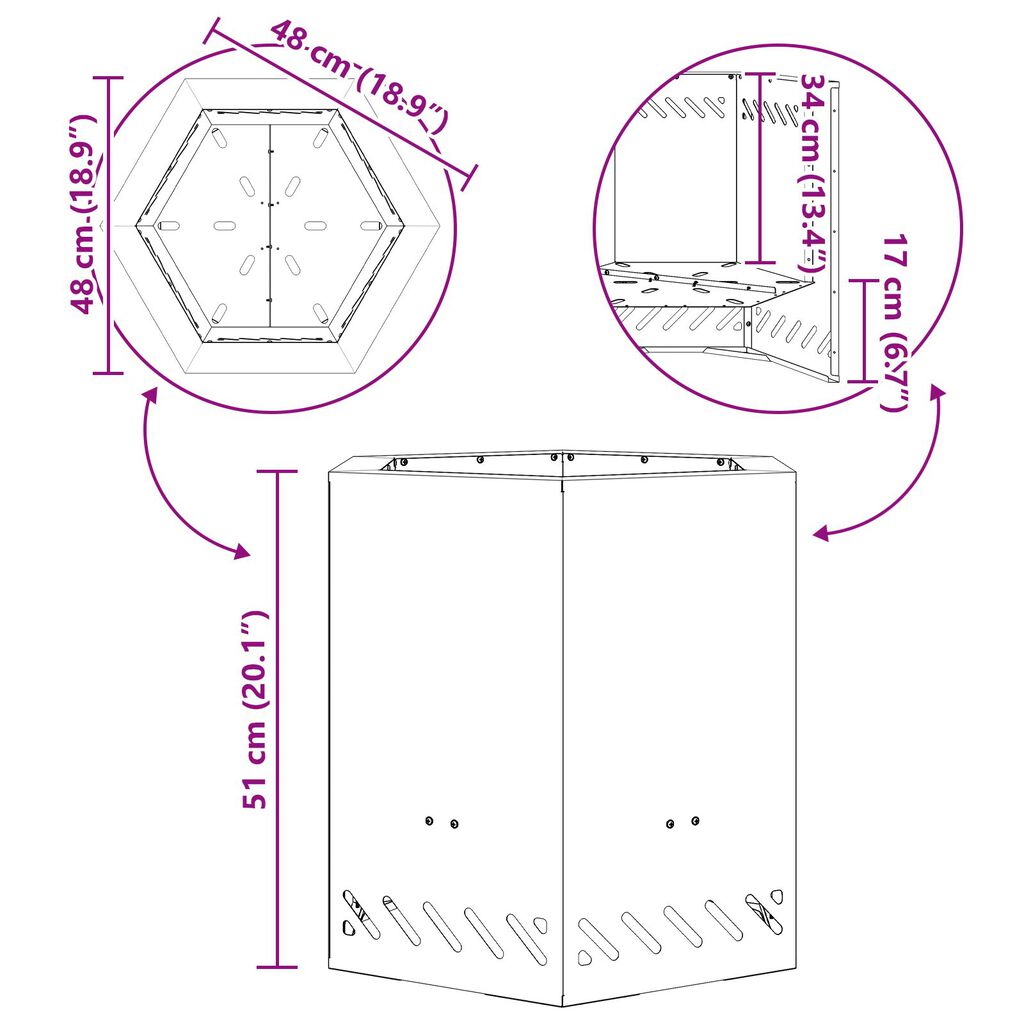 vidaXL Υποδαύλινες Φωτιές Εξαγωνικές 48x48x51 εκ. Ανοξείδωτο Ατσάλι