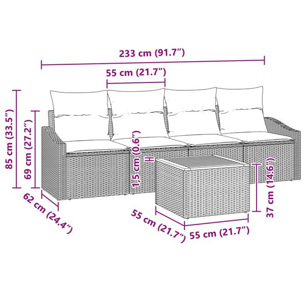 vidaXL Σετ Καναπέ Κήπου με μαξιλάρι 5 pcs Γκρι Πολυ ράταν