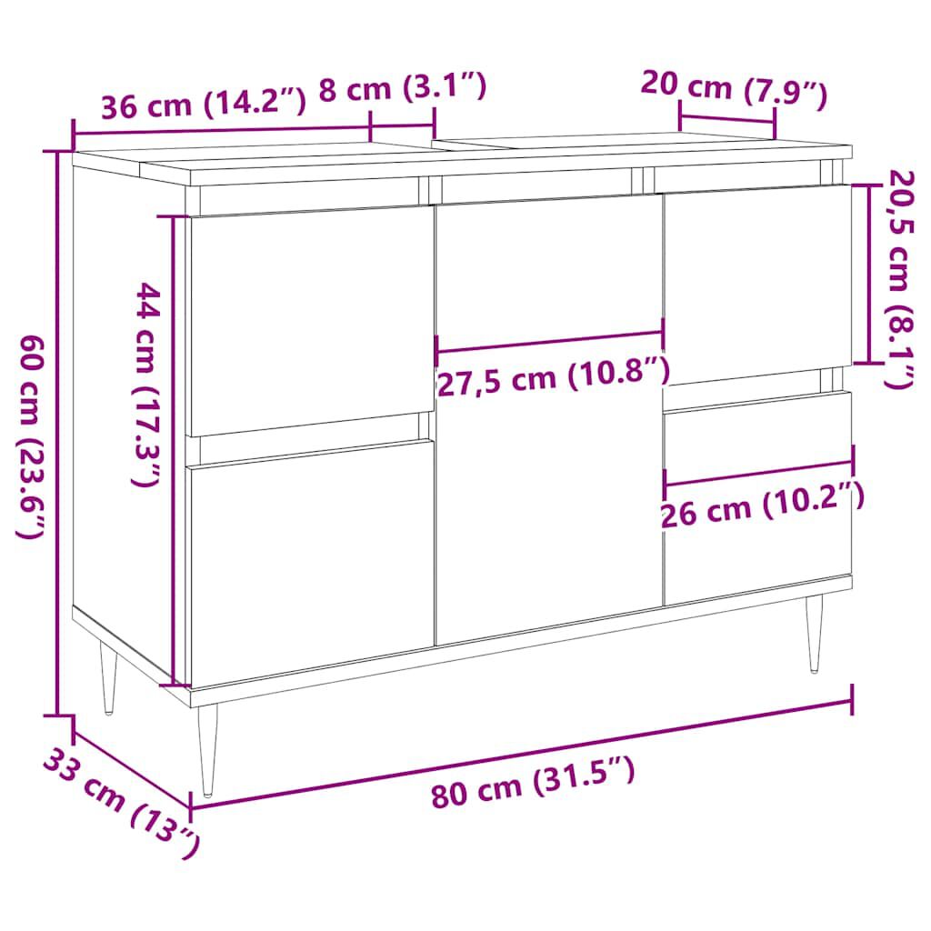 vidaXL Ντουλάπι μπάνιου Δρυς τεχνίτης 80x33x60 cm Κατασκευασμένο ξύλο