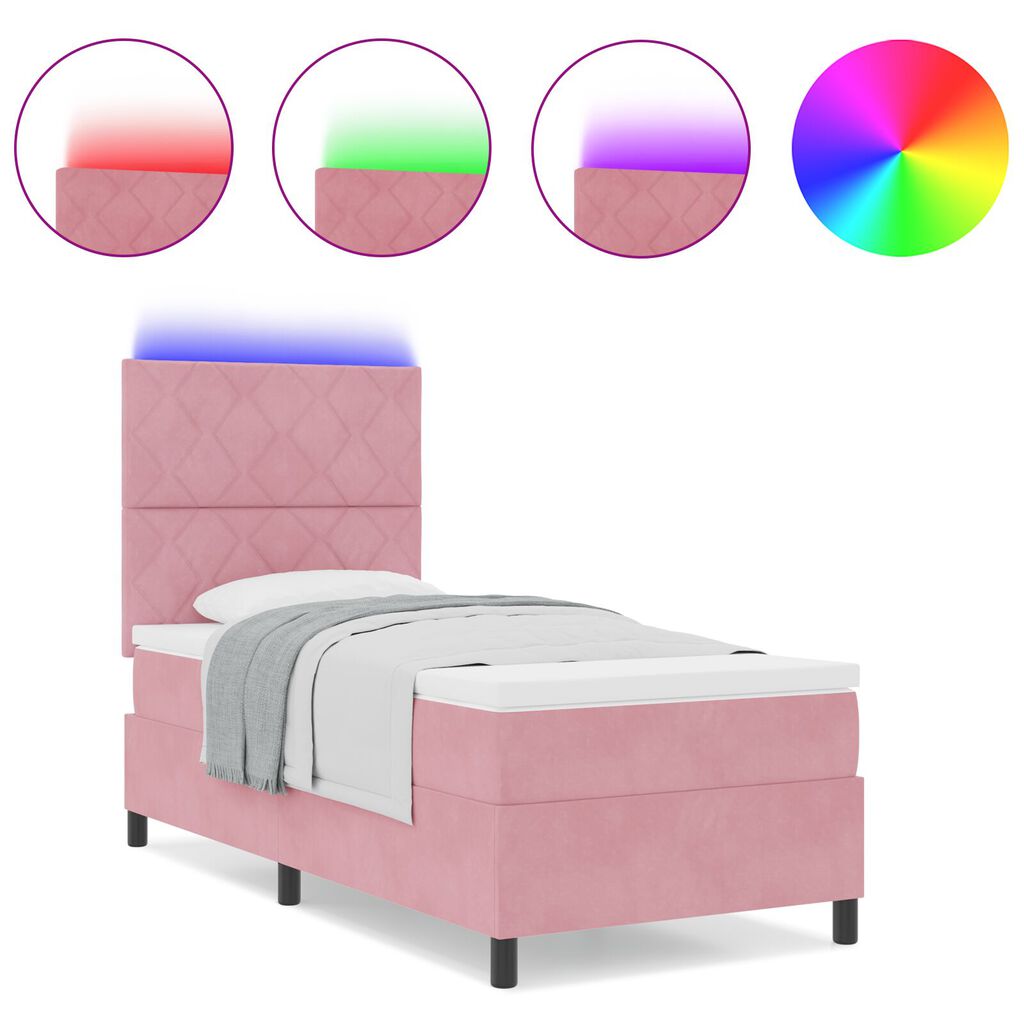 vidaXL Κρεβάτι Box Spring με Στρώμα & LED Ροζ 90x190 εκ. Βελούδου