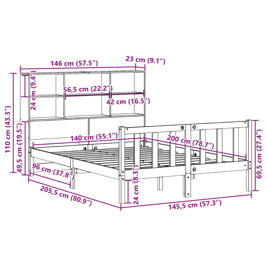 vidaXL Κρεβάτι Βιβλιοθήκη Χωρίς Στρώμα 140x200 εκ Μασίφ Ξύλο Πεύκο