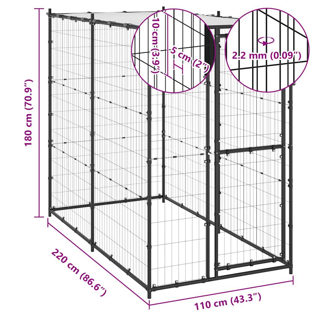 vidaXL Κλουβί Σκύλου Εξ. Χώρου Ατσάλι 110 x 220 x 180 εκ. με Στέγαστρο