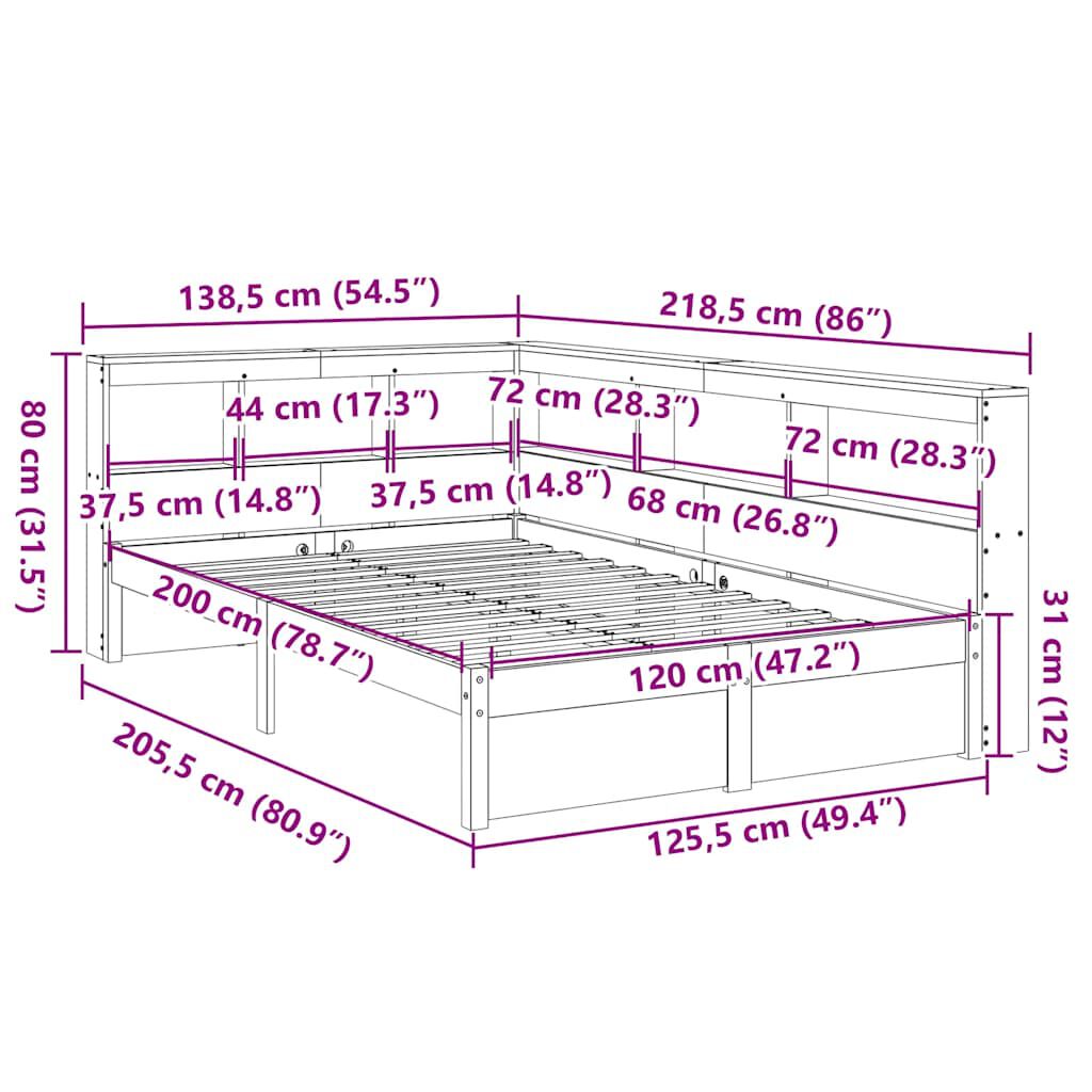 vidaXL Κρεβάτι Βιβλιοθήκη Χωρίς Στρώμα 120x200 εκ Μασίφ Ξύλο Πεύκο