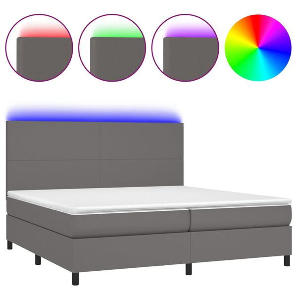 vidaXL Κρεβάτι Boxspring με Στρώμα & LED Γκρι 200x200 εκ. Συνθ. Δέρμα