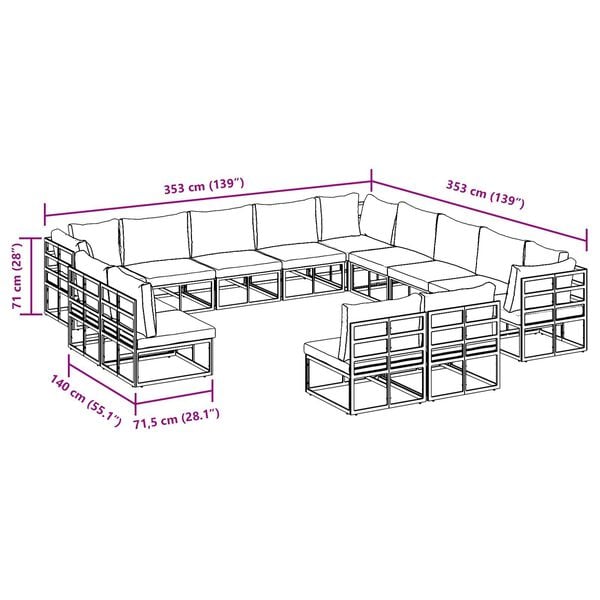 vidaXL Σετ Καναπέ Κήπου 13 pcs Μαύρο 353 x 353 x 71 εκ Αλουμίνιο