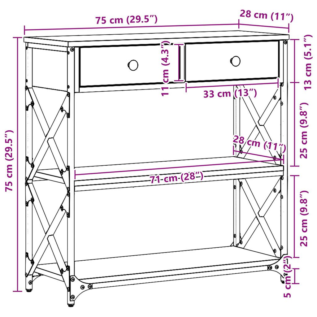 vidaXL Τραπέζι κονσόλας Μαύρη Δρυς 75x28x75 εκ. Κατασκευασμένο ξύλο και ατσάλι