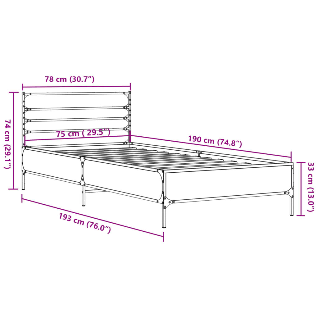 vidaXL Πλαίσιο Κρεβατιού Γκρι Sonoma 75x190 εκ. Επεξ. Ξύλο & Μέταλλο