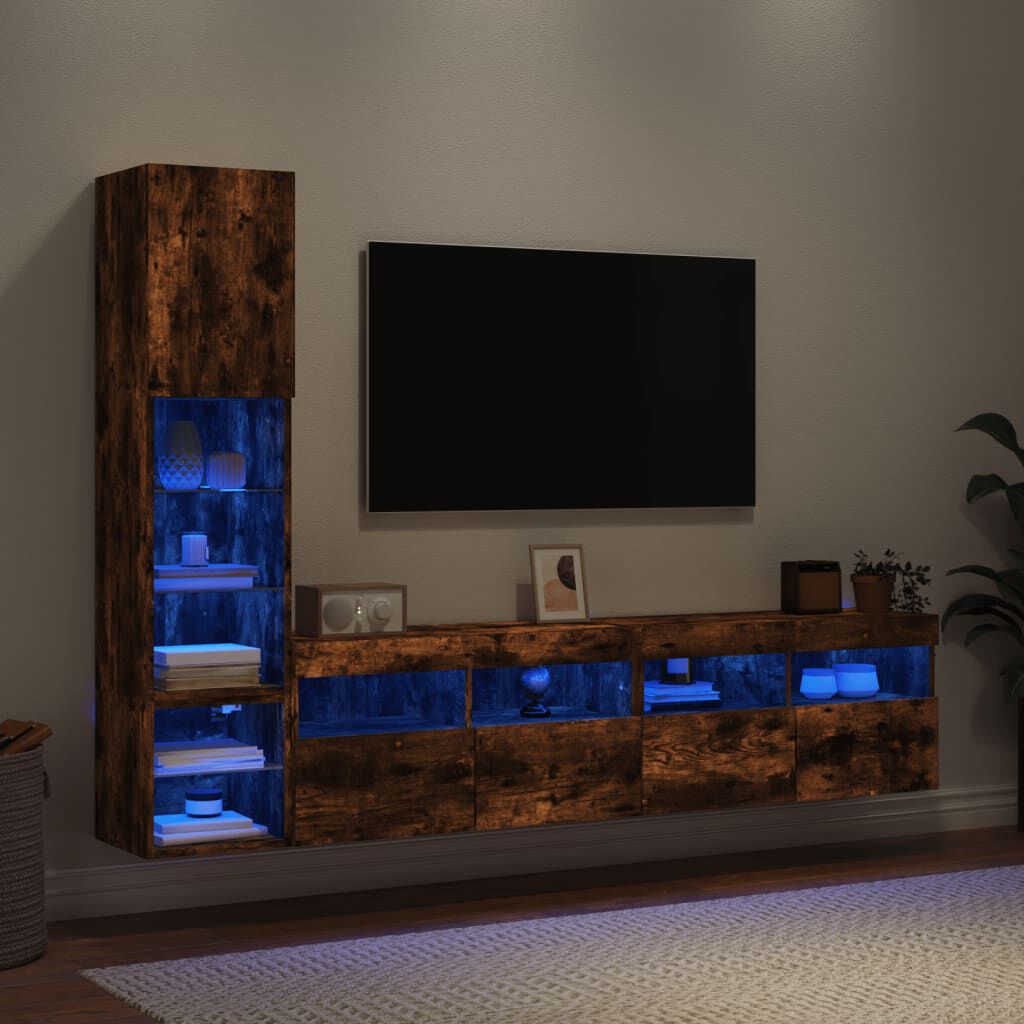 vidaXL Έπιπλα Τοίχου Τηλεόρασης 4 τεμ LED Καπνιστή Δρυς από Επεξ. Ξύλο