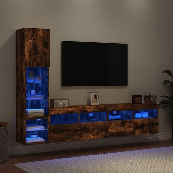 vidaXL Έπιπλα Τοίχου Τηλεόρασης 4 τεμ LED Καπνιστή Δρυς από Επεξ. Ξύλο