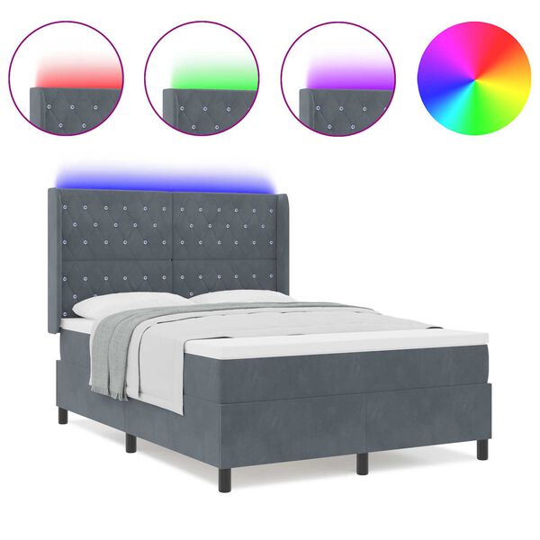 Κρεβάτι Box Spring με Στρώμα & LED Γκρι 140x190 εκ Βελούδινο