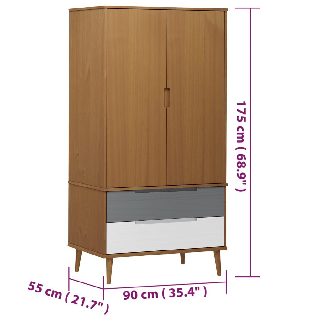 vidaXL Ντουλάπα MOLDE Καφέ 90 x 55 x 175 εκ. από Μασίφ Ξύλο Πεύκου