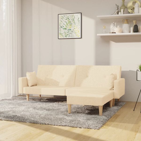 vidaXL Καναπές Κρεβάτι Διθέσιος με Υποπόδιο Κρεμ Υφασμάτινος