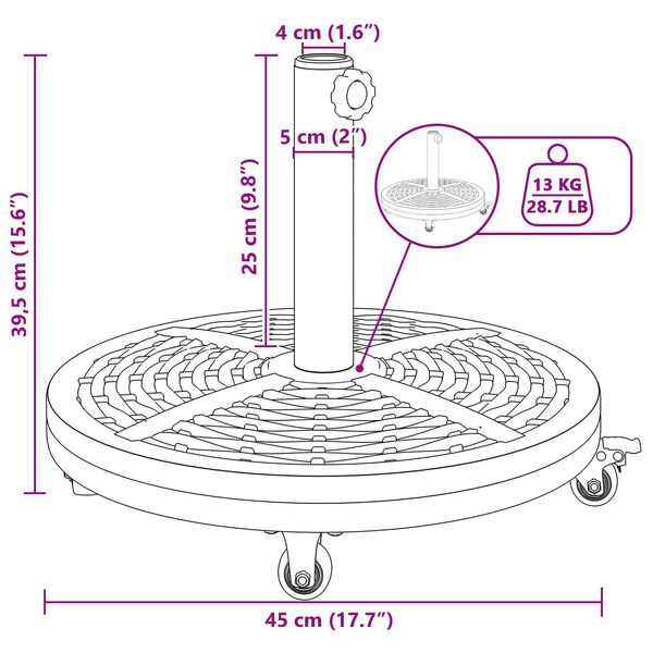 vidaXL Βάση Ομπρέλας Με Ρόδες Για Πόλους Ø38-48 mm 13 kg Στρογγυλή
