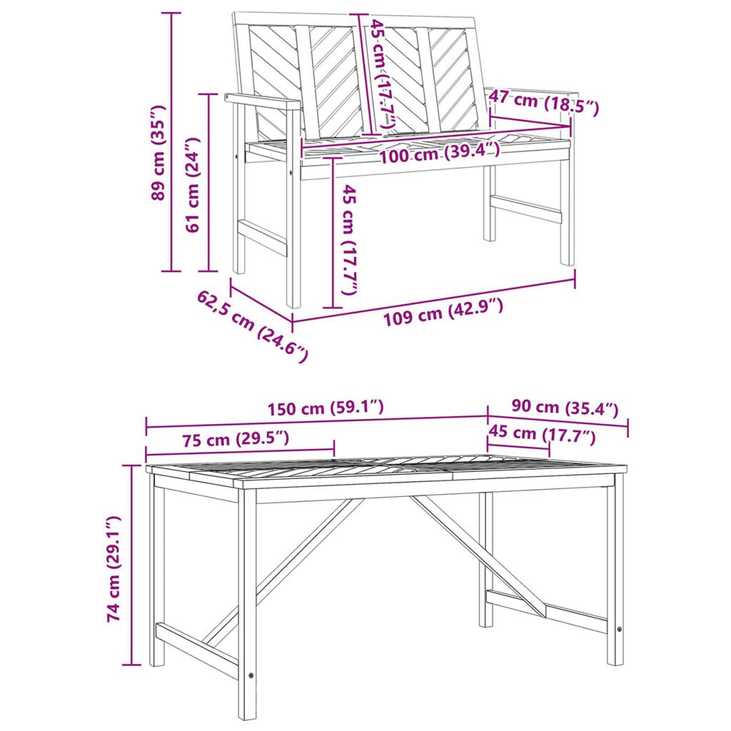 vidaXL Σέτ φαγητού για κήπο 3 pcs Καφέ 150 x 90 x 74 cm