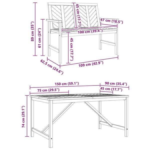 vidaXL Σέτ φαγητού για κήπο 3 pcs Καφέ 150 x 90 x 74 cm