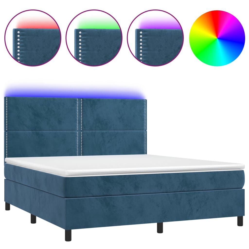 vidaXL Κρεβάτι Boxspring με Στρώμα & LED Σκ. Μπλε 160x200εκ. Βελούδινο