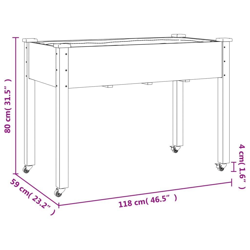 vidaXL Γλάστρα με Ρόδες & Επένδυση Καφέ 118x59x80 εκ Μασίφ Ξύλο Ελάτης