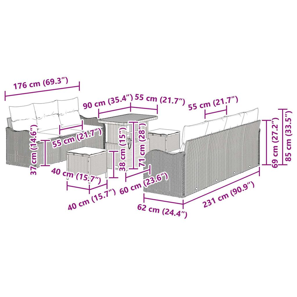 vidaXL Σετ Καναπέ Κήπου Ρυθμιζόμενο ύψος 10 pcs Μπεζ συνθετικό ρατάν