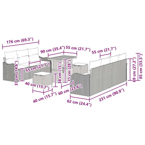 vidaXL Σετ Καναπέ Κήπου Ρυθμιζόμενο ύψος 10 pcs Μπεζ συνθετικό ρατάν