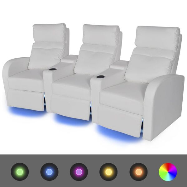 vidaXL Καναπές Τριθέσιος Ανακλινόμενος με LED Λευκός Συνθετικό Δέρμα