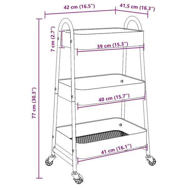 vidaXL Τρόλεϊ αποθήκευσης 3 επιπέδων ροζ 42x41,5x77 cm Ατσάλι