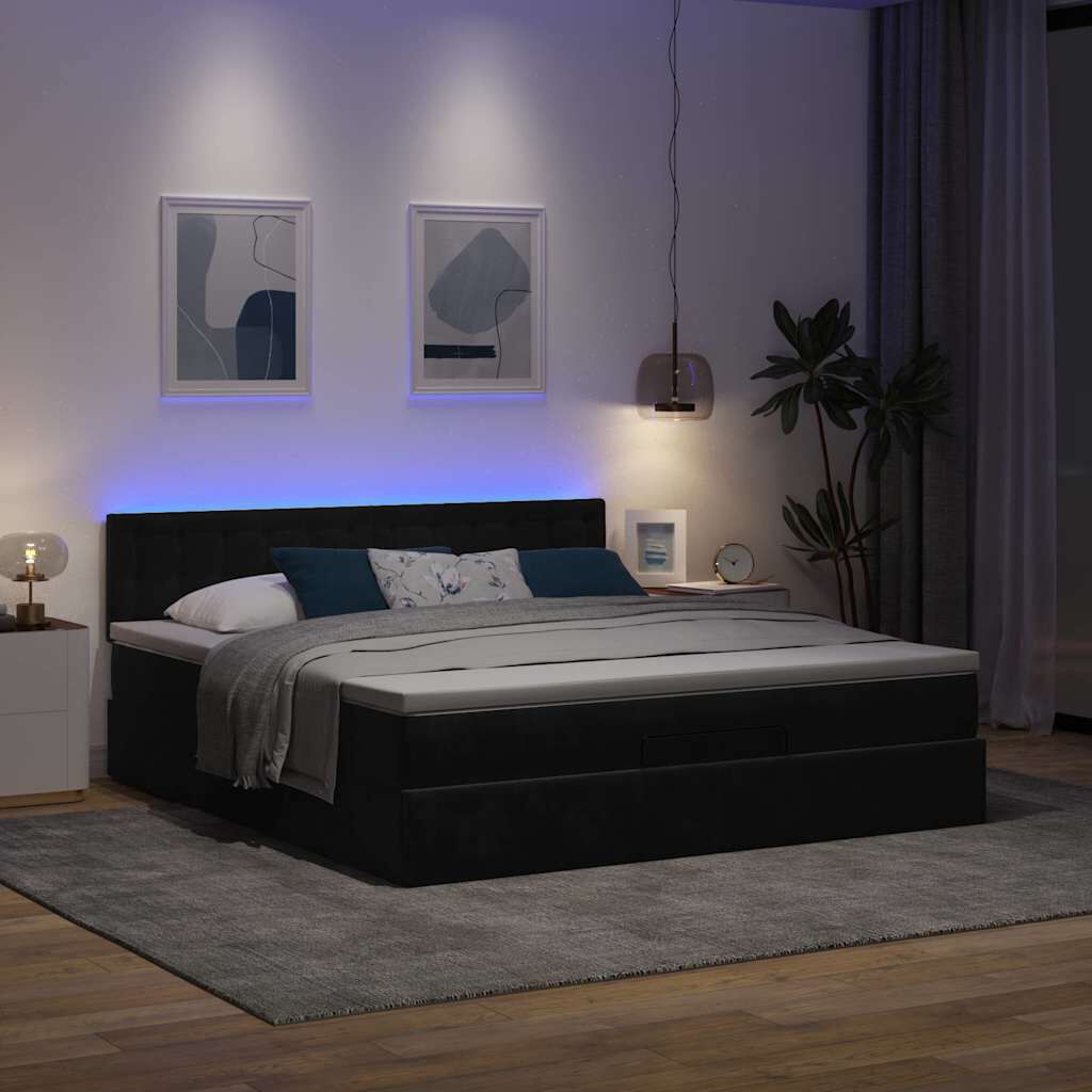 vidaXL Οθωμανικό κρεβάτι με στρώμα & LEDs Μαύρο 180x200cm Velvet
