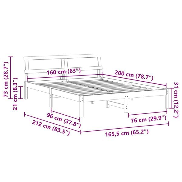 vidaXL Σκελετός Κρεβατιού Καφέ κεριού 160 x 200 cm Ξύλο πεύκου