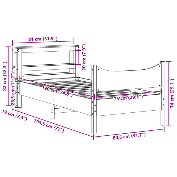vidaXL Πλαίσιο Κρεβατιού Κεφαλάρι Καφέ Κεριού 75x190εκ. Μασίφ Πεύκο