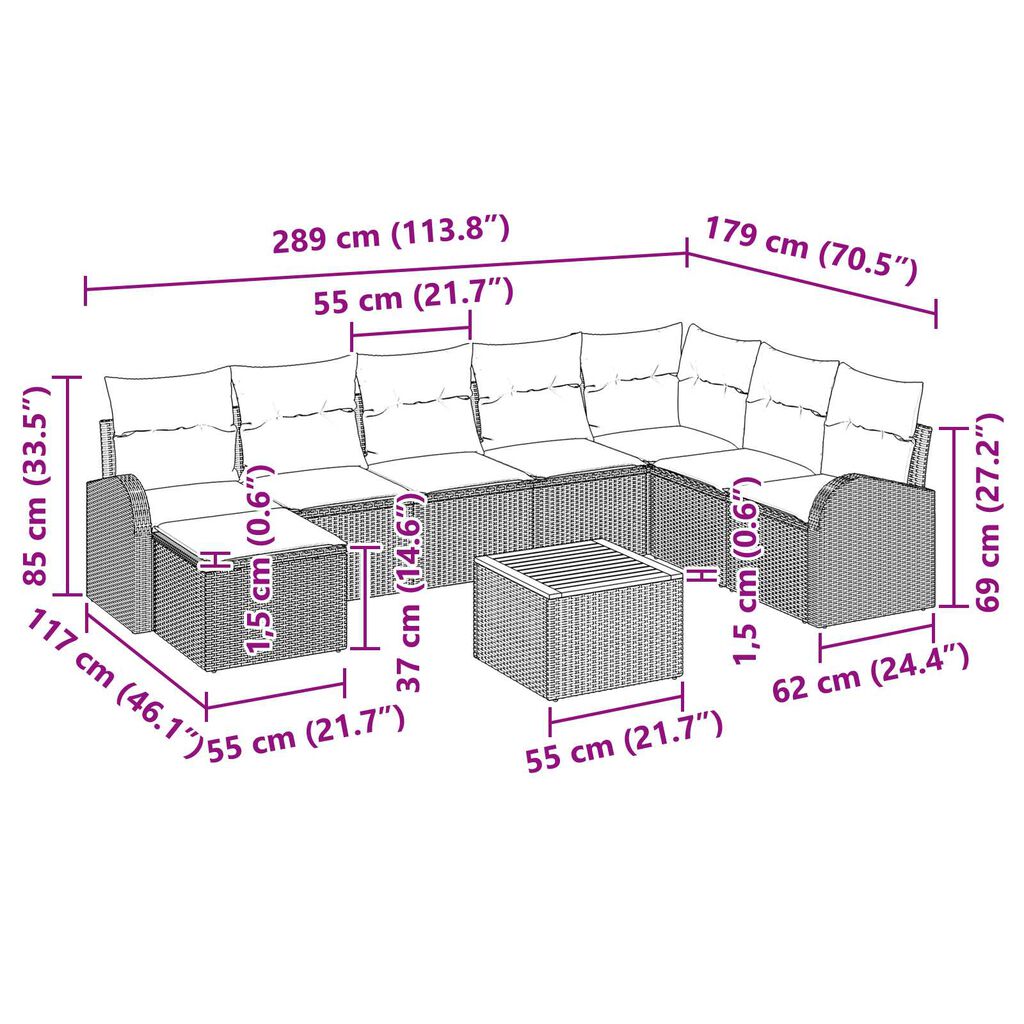 vidaXL Σετ Καναπέ Κήπου με μαξιλάρι 9 pcs Μπεζ Πολυ ράταν