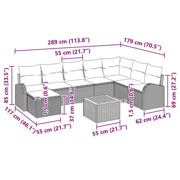 vidaXL Σετ Καναπέ Κήπου με μαξιλάρι 9 pcs Μπεζ Πολυ ράταν
