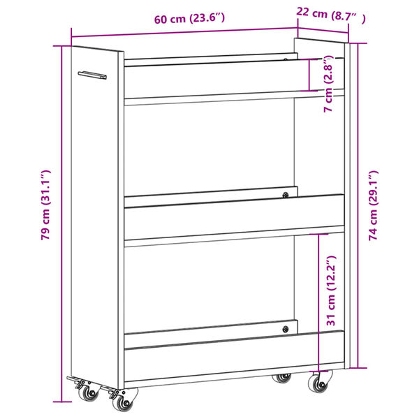 vidaXL Έπιπλο με Ρόδες Καφέ Δρυς 60x22x79 εκ. Επεξεργασμένο Ξύλο