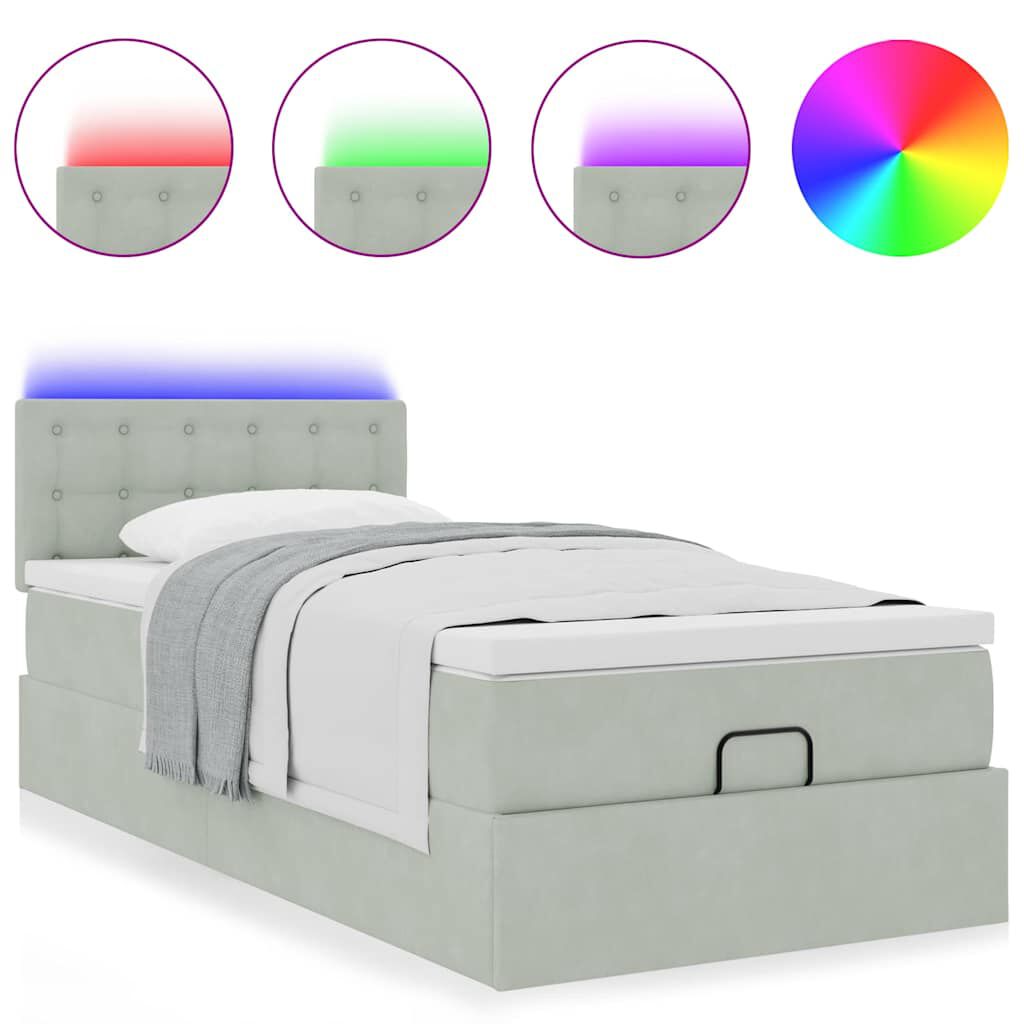 vidaXL Οθωμανικό κρεβάτι με στρώμα&LEDs Ανοιχτό γκρι 90x200cm Βελούδο