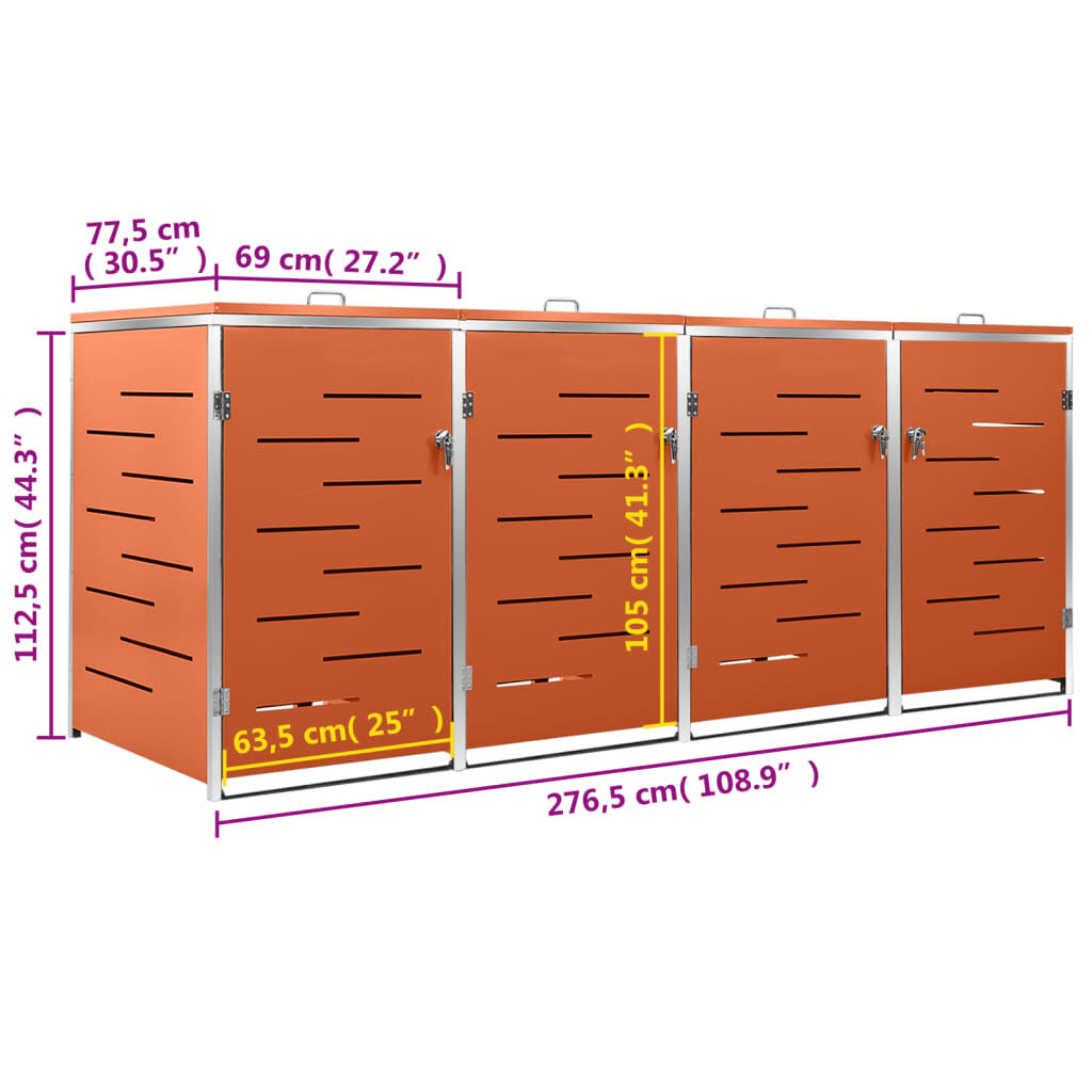 vidaXL Πλαίσιο Κάδων Απορρ. Τετραπλό Ρόδες 276,5x77,5x112,5εκ Αν. Ατσ.