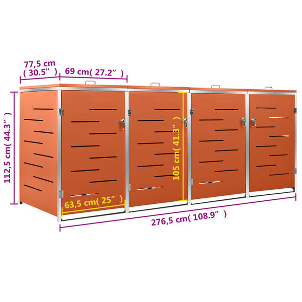vidaXL Πλαίσιο Κάδων Απορρ. Τετραπλό Ρόδες 276,5x77,5x112,5εκ Αν. Ατσ.