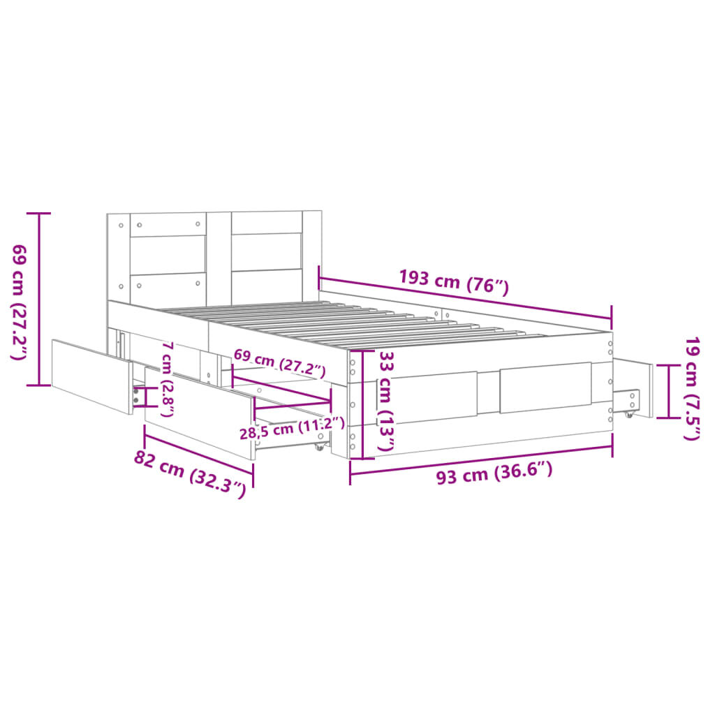 vidaXL Πλαίσιο Κρεβατιού με Κεφαλάρι Sonoma Δρυς 90x190 εκ. Επεξ. Ξύλο