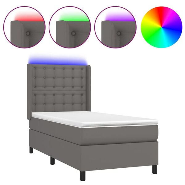 vidaXL Κρεβάτι Boxspring με Στρώμα & LED Γκρι 100x200 εκ. Συνθ. Δέρμα