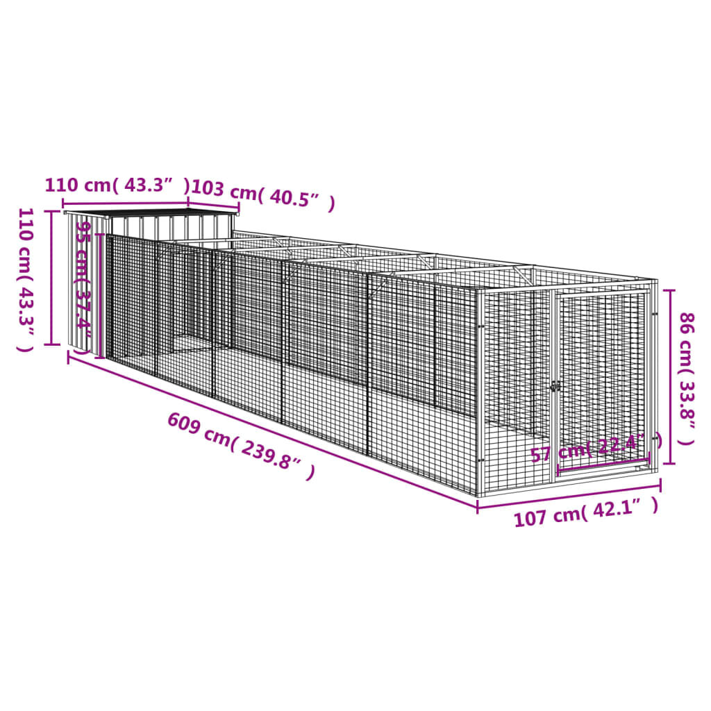 vidaXL Σπιτάκι Σκύλου με Αυλή Ανθρακί 110x609x110 εκ. Γαλβαν. Χάλυβας